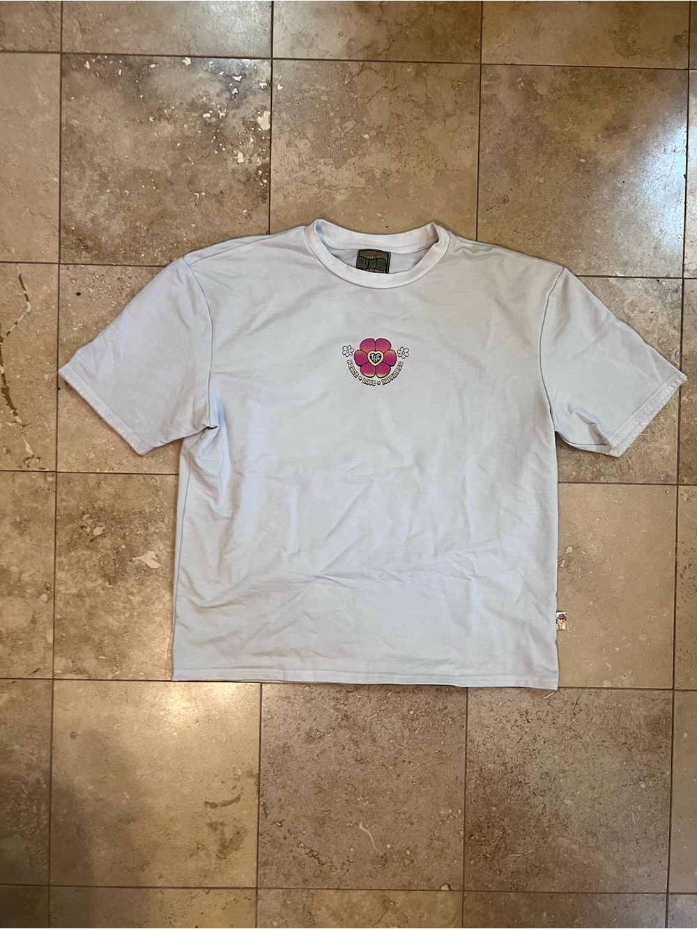 Aris Light Blue Short Sleeve Tee with Pink Flower Chest Graphic